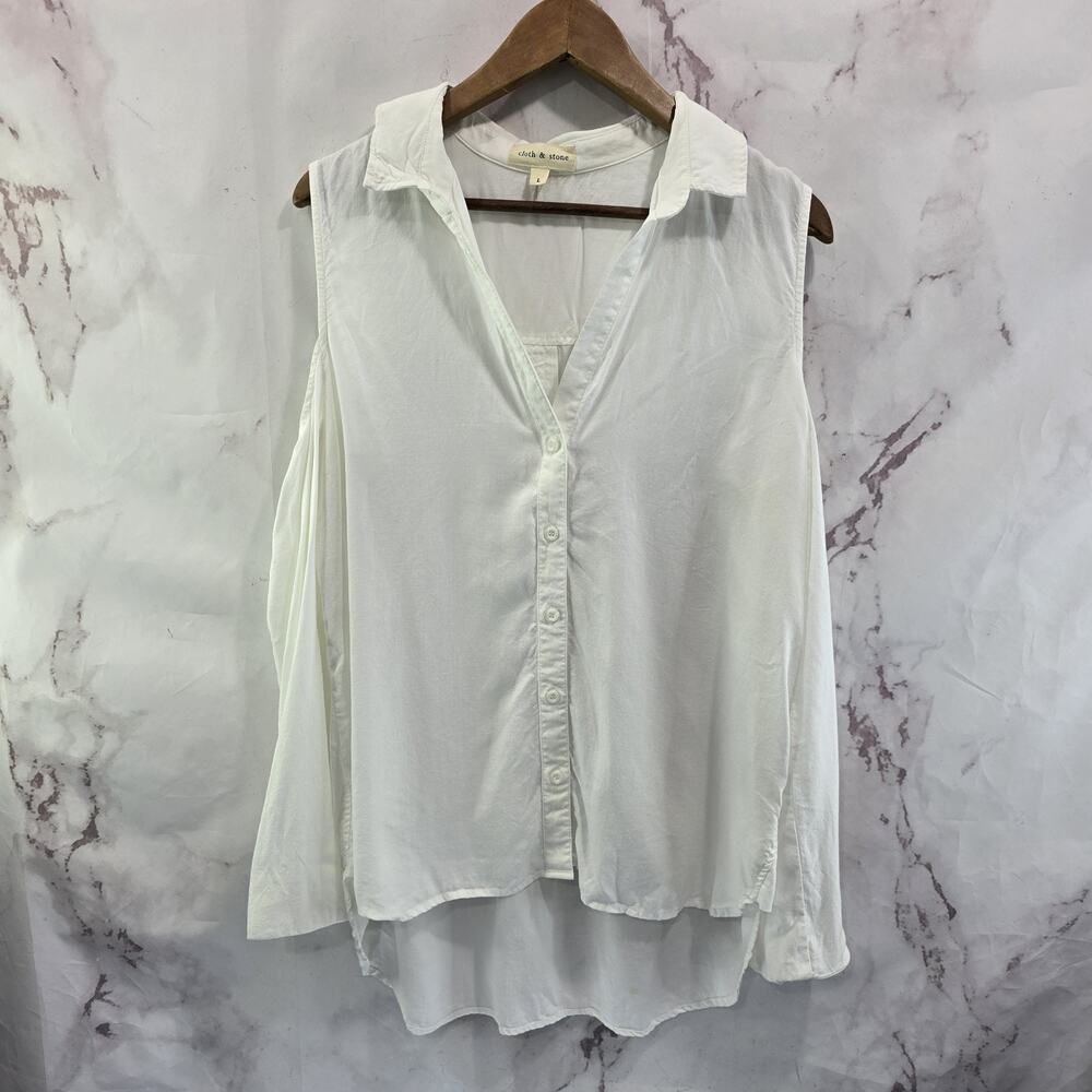 Anthropologie Cloth & Stone Shirt Womens Large White Tencel Cut Out Long Button